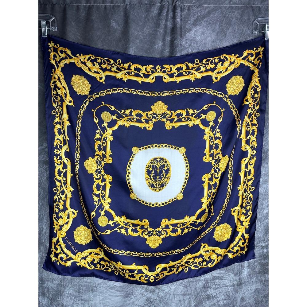 Vintage Faberge Large Scarf 32x32 Navy Blue Gold Baroque 100% Silk Hand Sewn